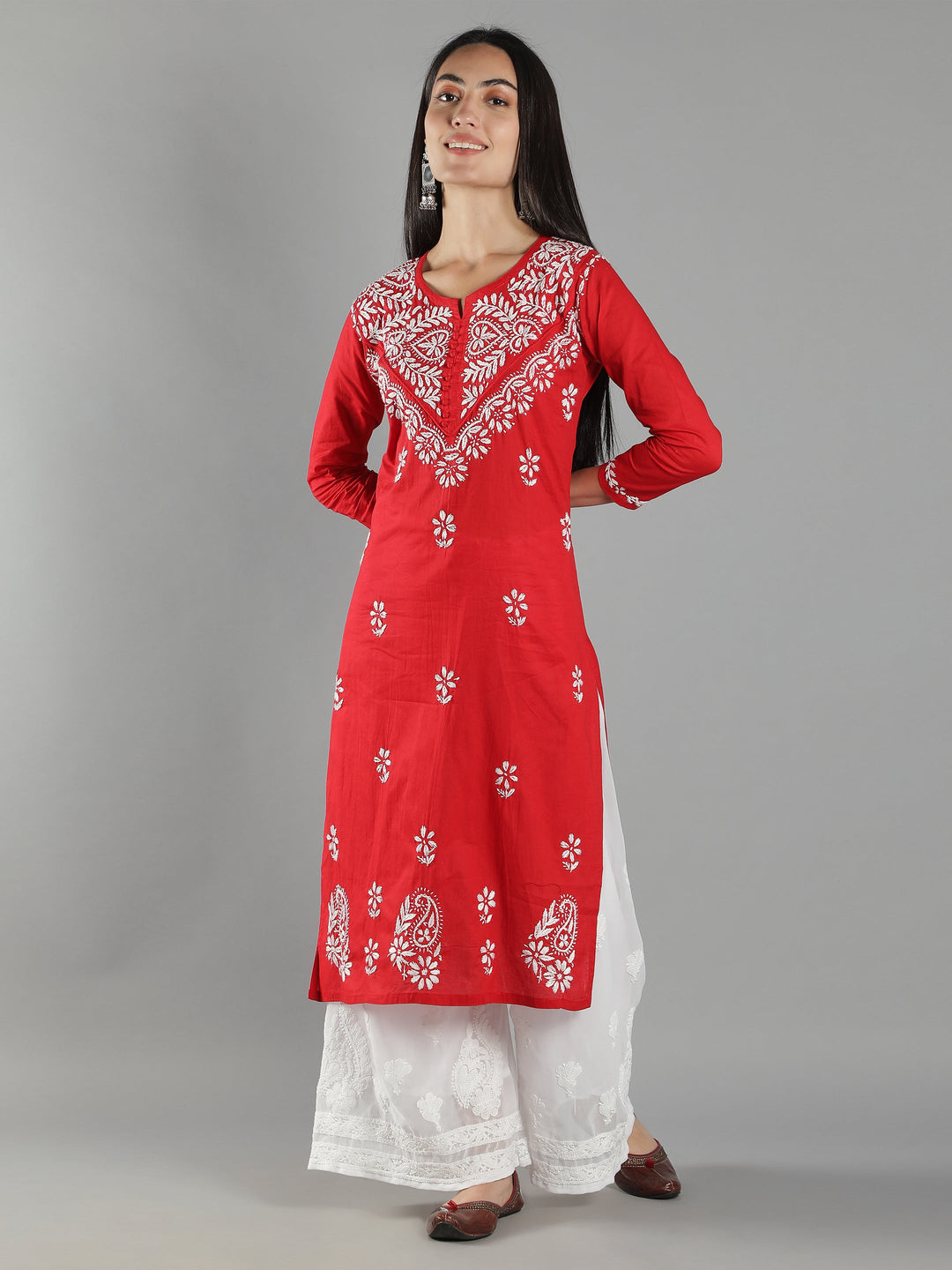 Red-Cotton-Chikan-Kurta-in-White-Embroidery