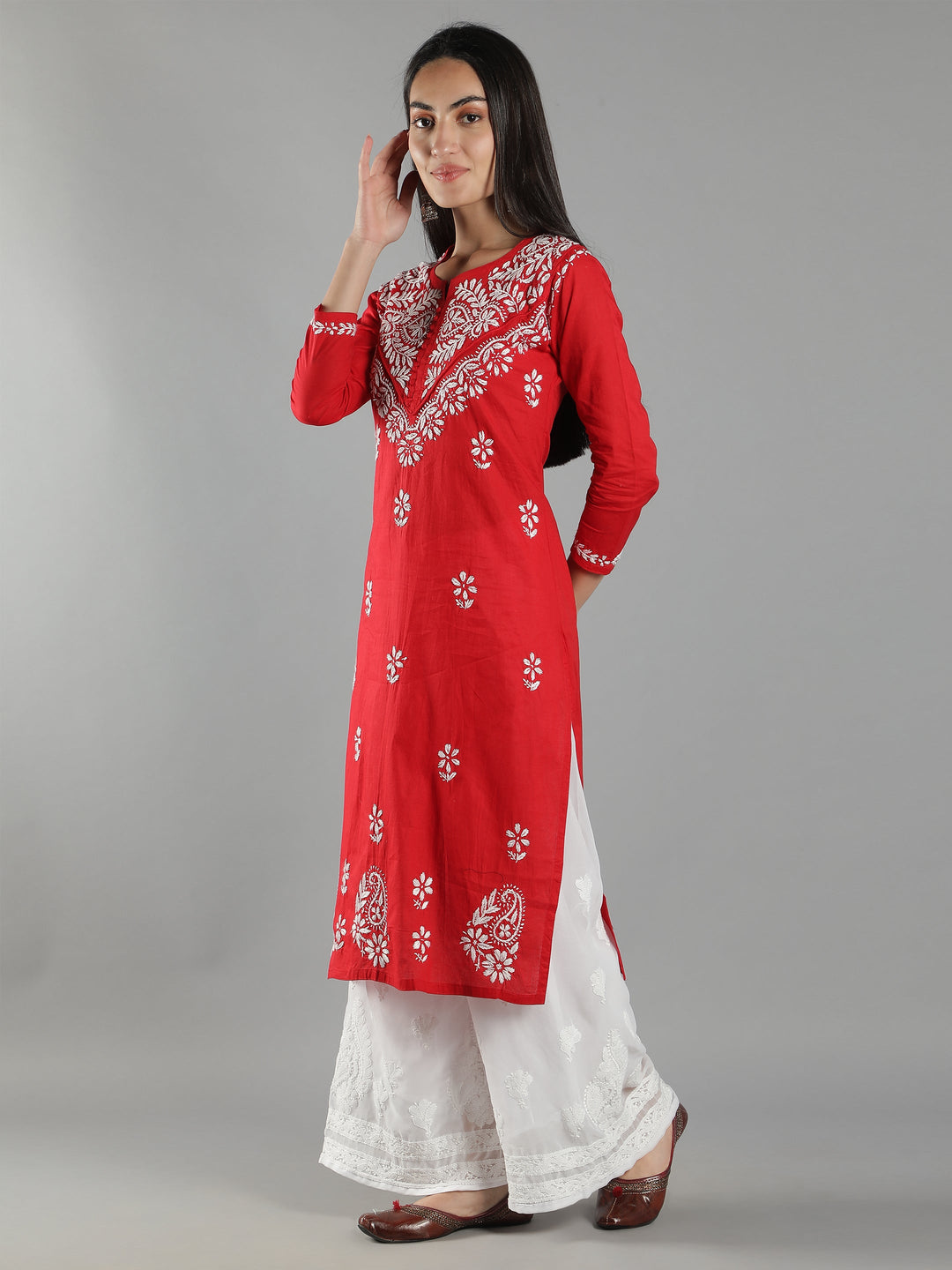 Red-Cotton-Chikan-Kurta-in-White-Embroidery