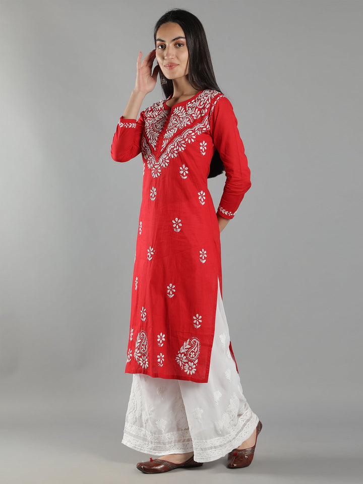 Red-Cotton-Chikan-Kurta-in-White-Embroidery