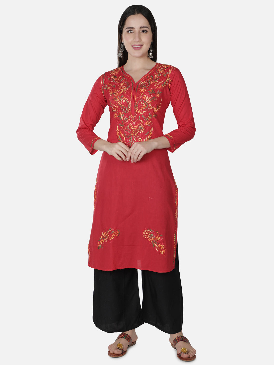 Red Cotton Kurta in Multicolor Chikan Work