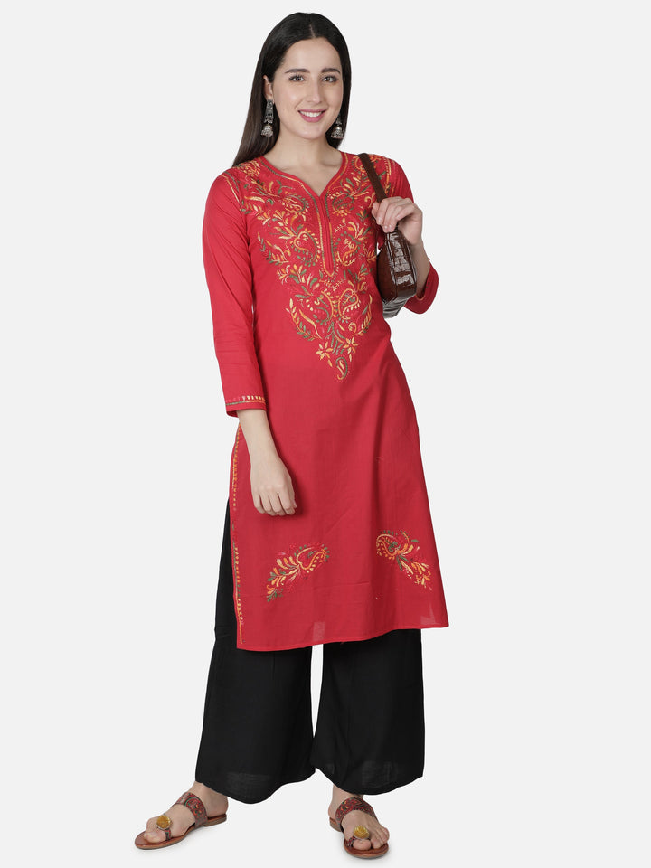 Red Cotton Kurta in Multicolor Chikan Work