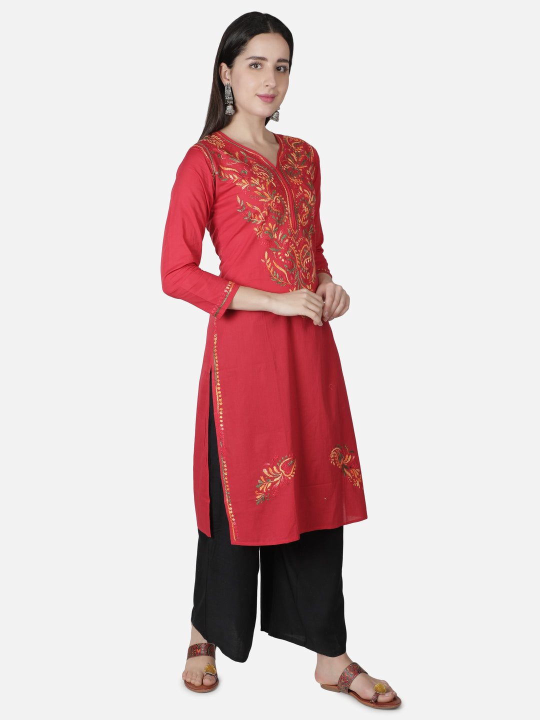 Red Cotton Kurta in Multicolor Chikan Work