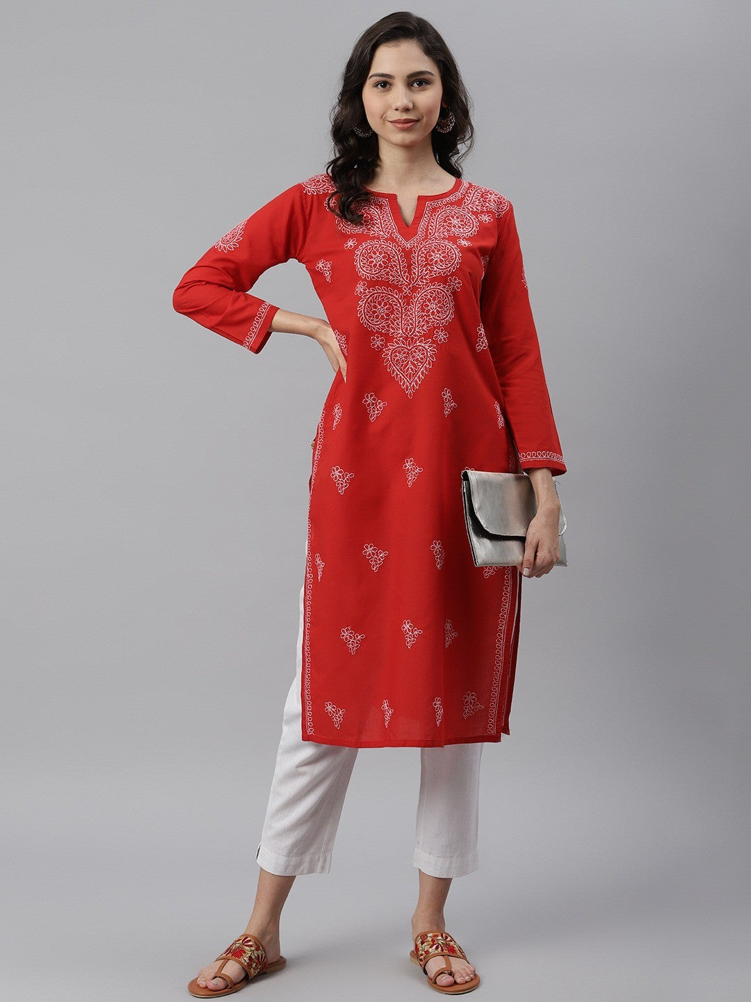 Red Cotton Lucknowi Chikankari Straight Kurta
