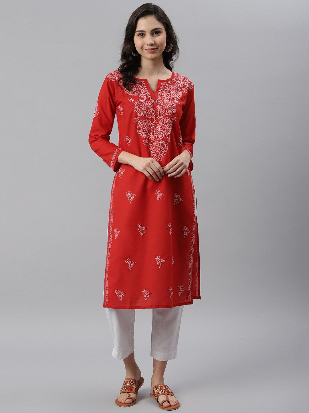Red Cotton Lucknowi Chikankari Straight Kurta