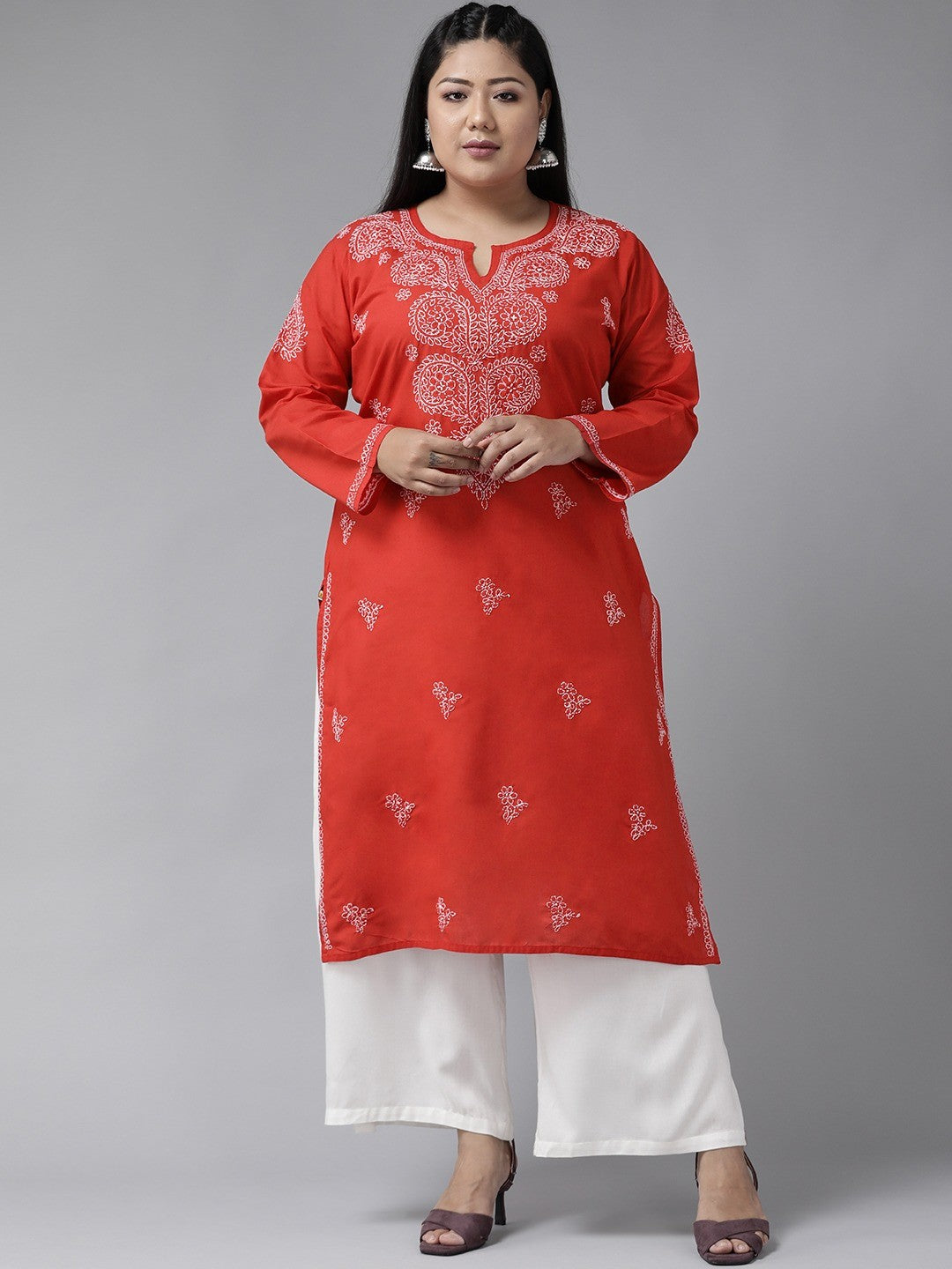 Red Cotton Lucknowi Chikankari Straight Kurta