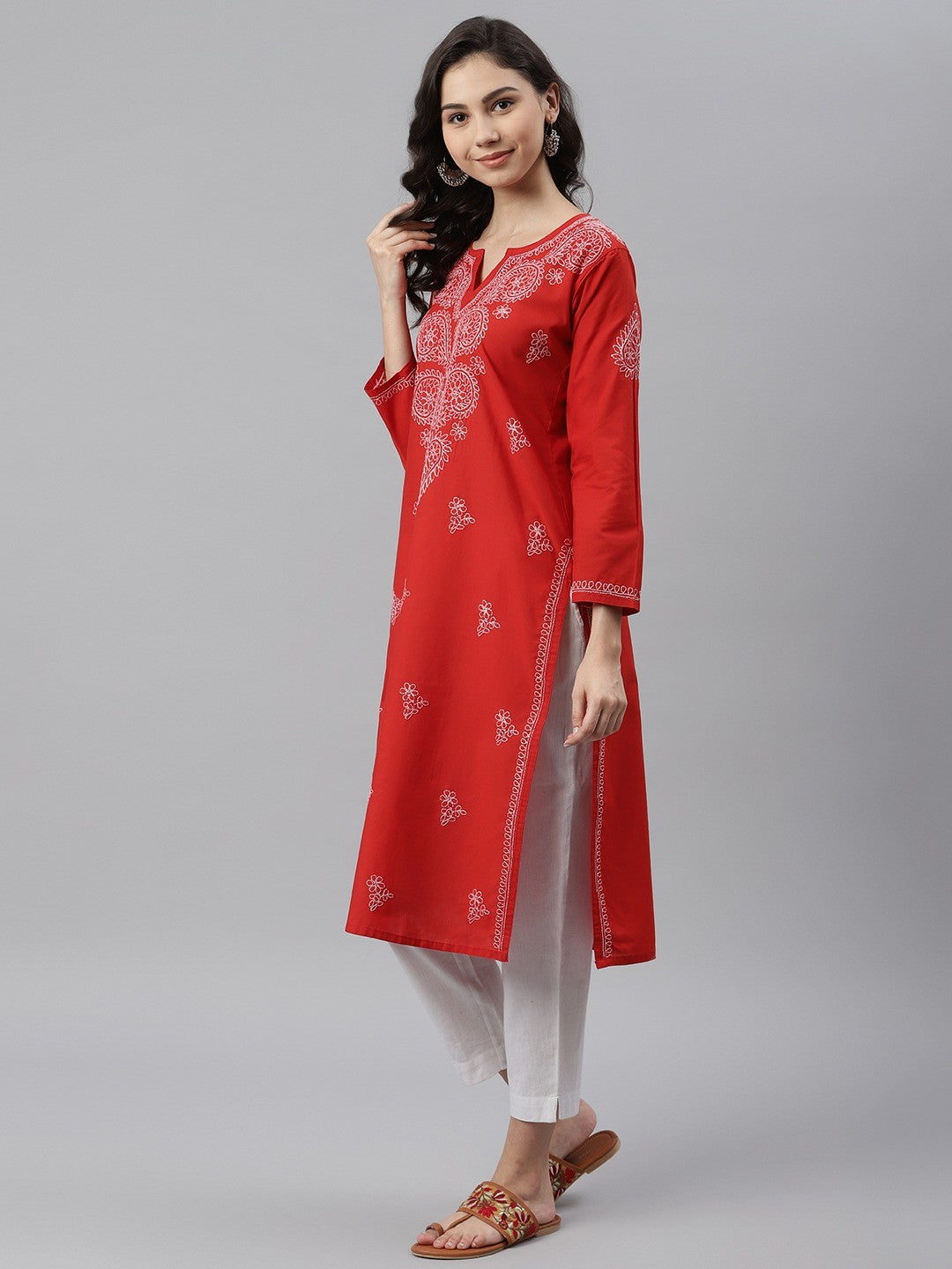 Red Cotton Lucknowi Chikankari Straight Kurta