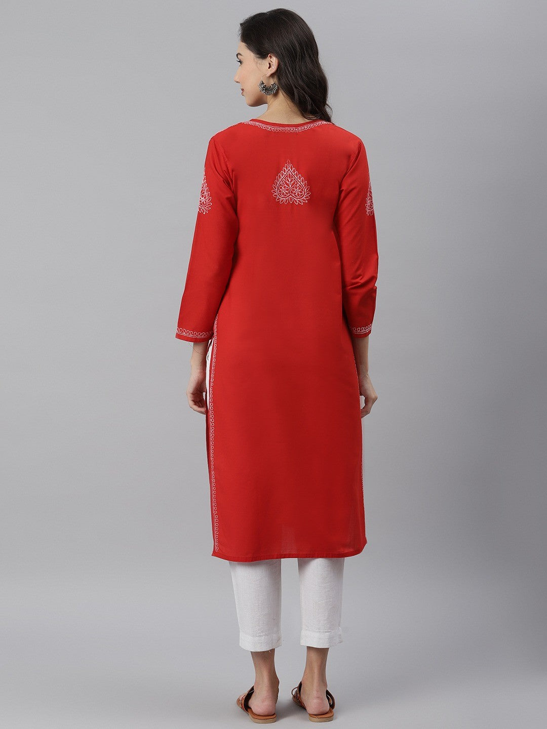 Red Cotton Lucknowi Chikankari Straight Kurta