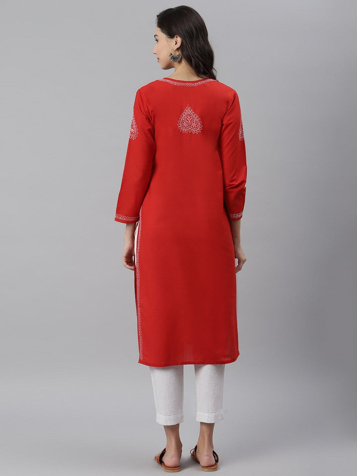 Red Cotton Lucknowi Chikankari Straight Kurta