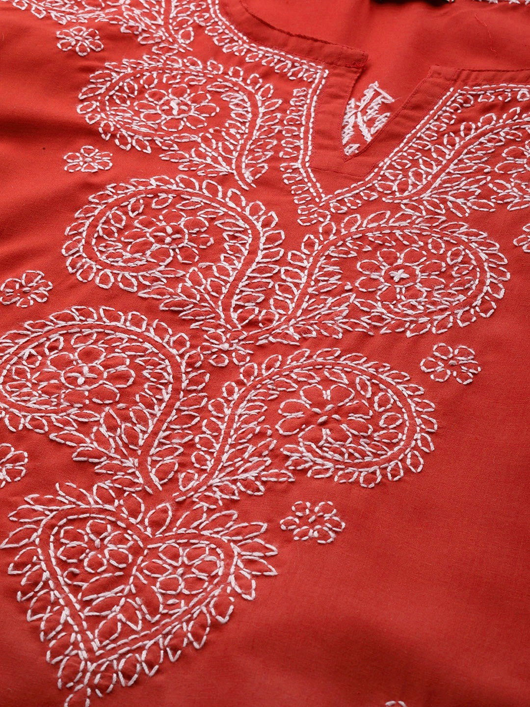Red Cotton Lucknowi Chikankari Straight Kurta