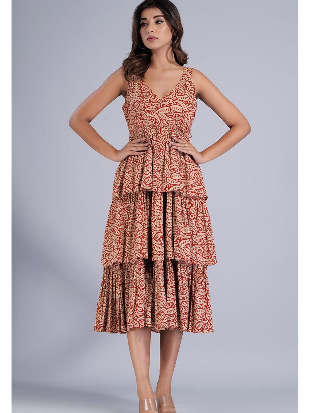Red Cotton Strappy Dress in Three Layer Tiers