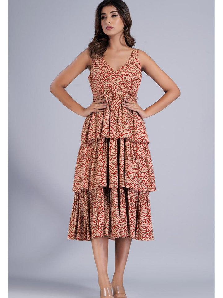 Red Cotton Strappy Dress in Three Layer Tiers
