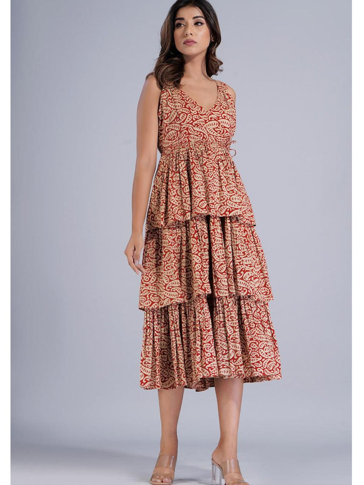 Red Cotton Strappy Dress in Three Layer Tiers