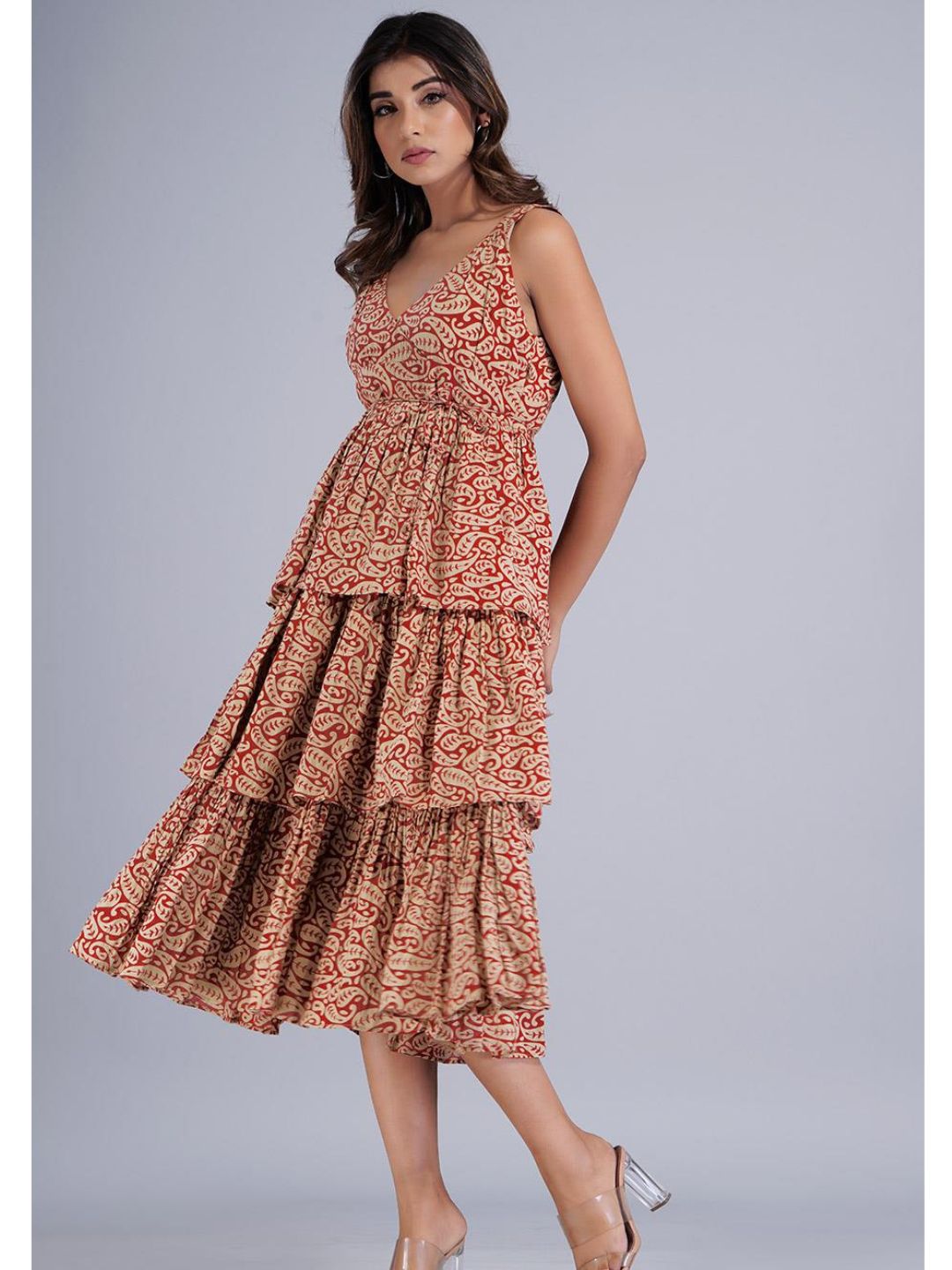 Red Cotton Strappy Dress in Three Layer Tiers
