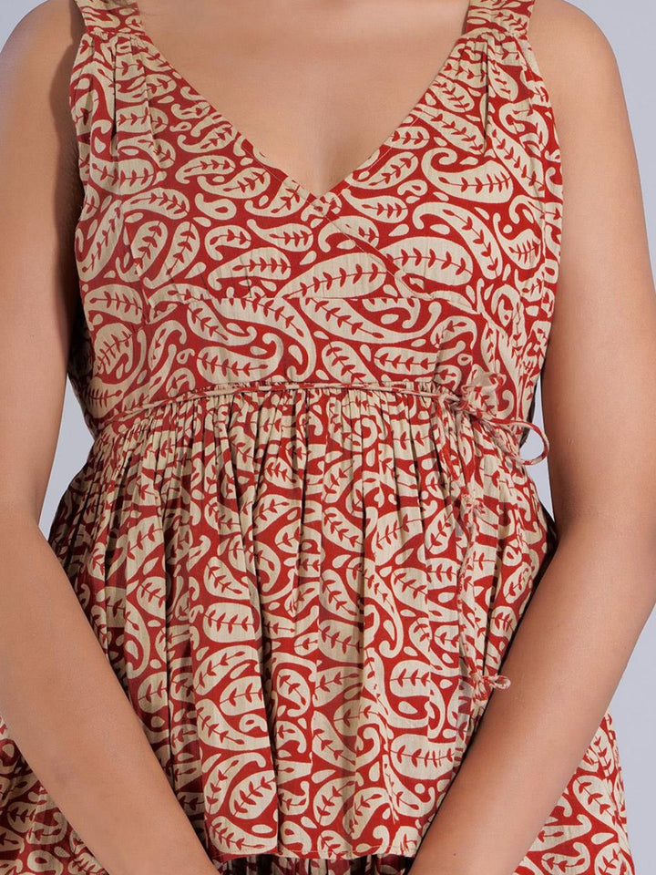 Red Cotton Strappy Dress in Three Layer Tiers