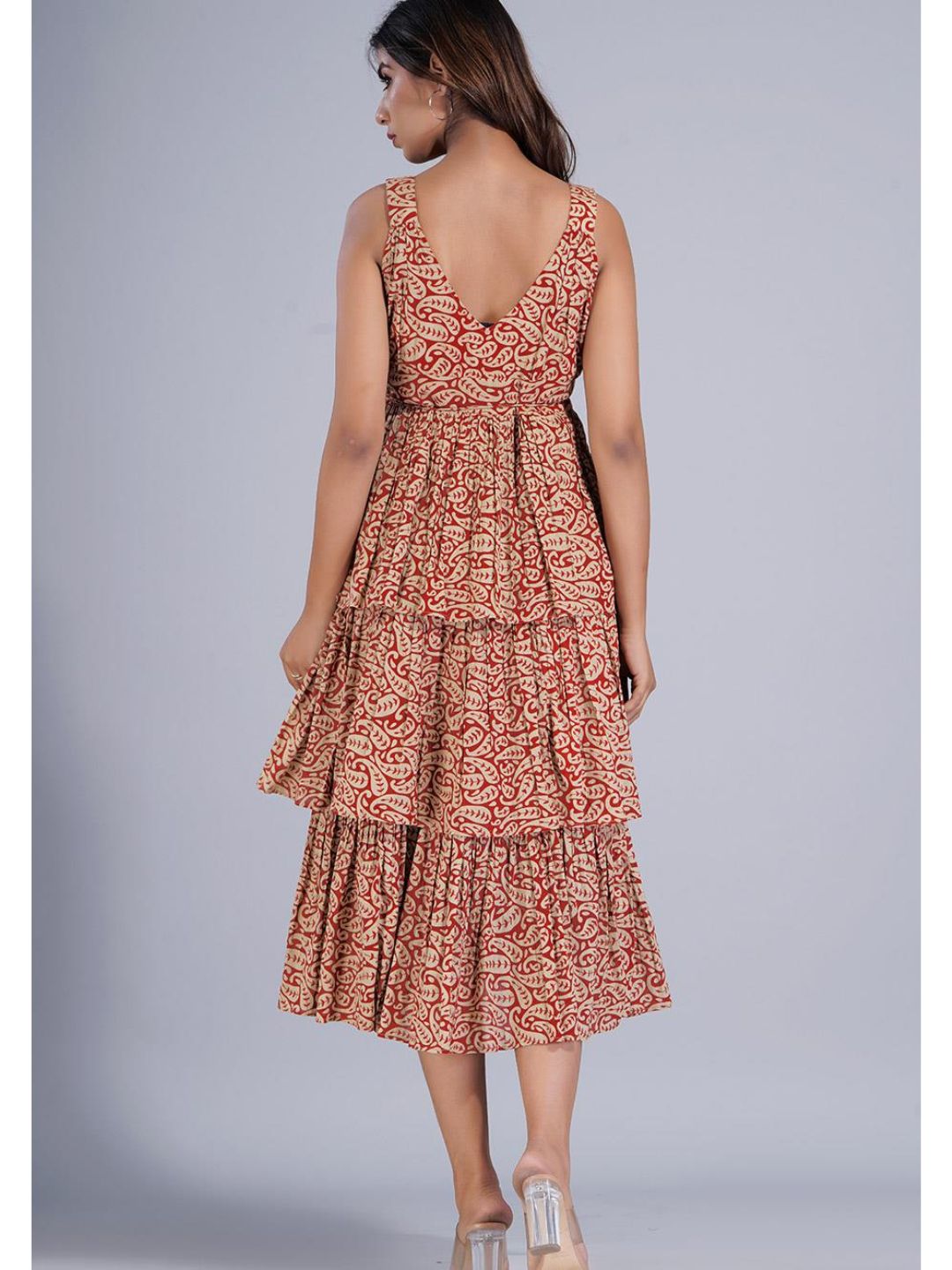 Red Cotton Strappy Dress in Three Layer Tiers