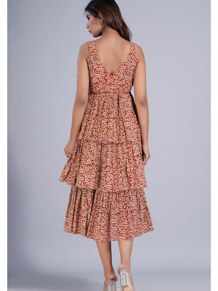 Red Cotton Strappy Dress in Three Layer Tiers