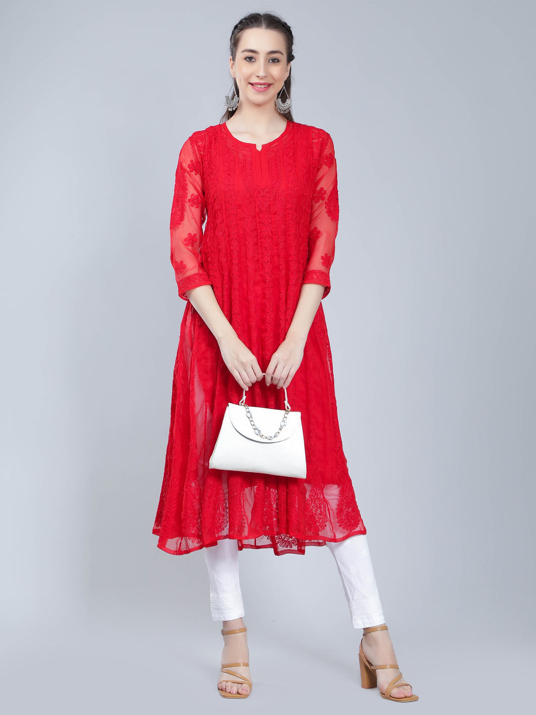 Red-Georgette-Chikan-Anarkali-Kurta-Only