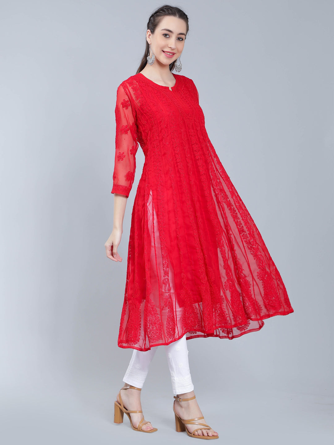 Red-Georgette-Chikan-Anarkali-Kurta-Only