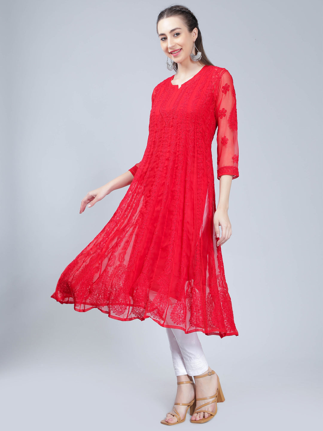 Red-Georgette-Chikan-Anarkali-Kurta-Only