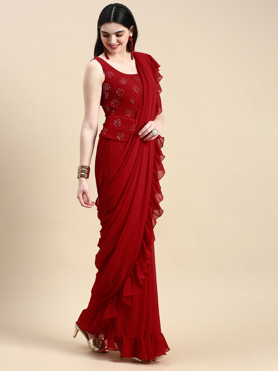 Red Georgette Embroidered Saree Gown ZERESOUQ.COM