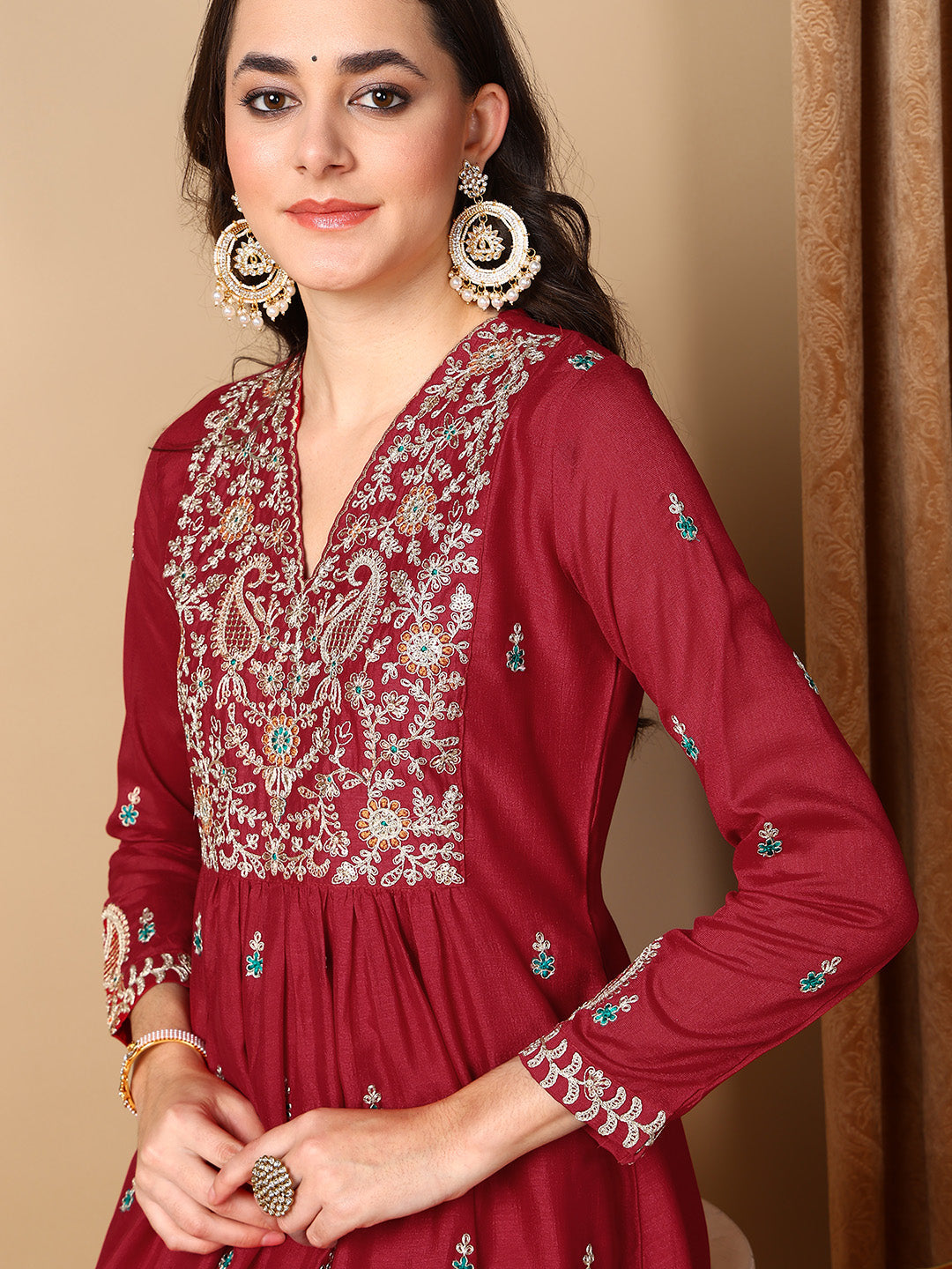 ZERESOUQ-Red-Silk-Blend-Solid-Yoke-Design-Flared-Kurta-Trouser-With-Dupatta