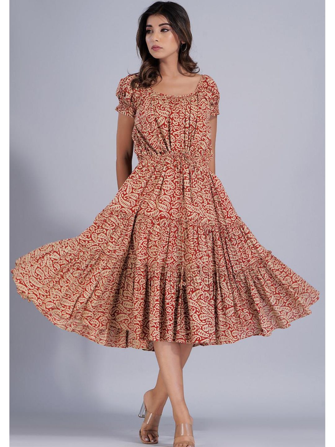 Red Two Tier Gathered Dress with Puff Sleeves