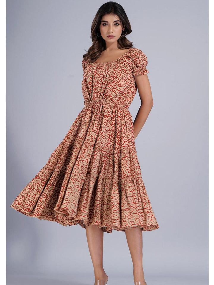 Red Two Tier Gathered Dress with Puff Sleeves