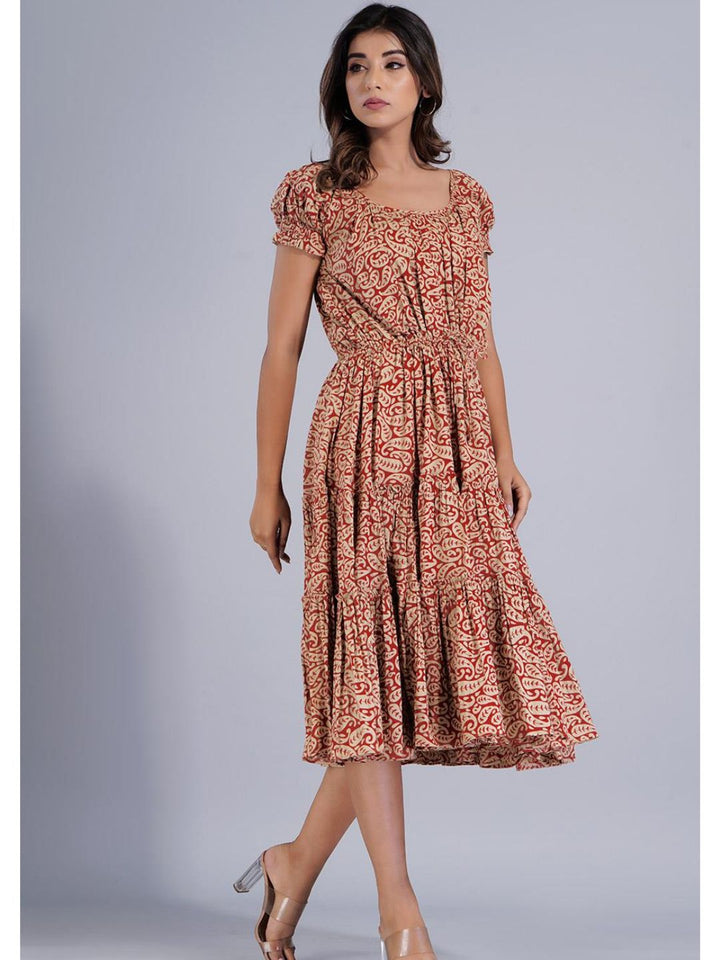 Red Two Tier Gathered Dress with Puff Sleeves