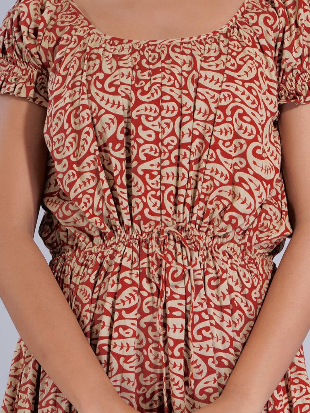 Red Two Tier Gathered Dress with Puff Sleeves