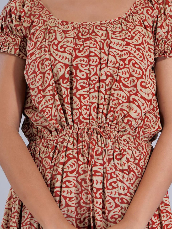 Red Two Tier Gathered Dress with Puff Sleeves