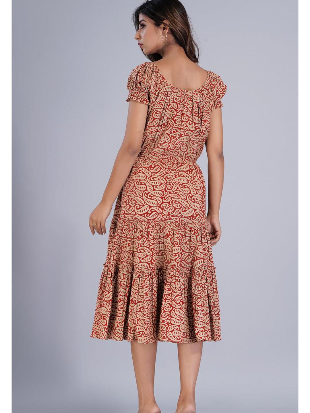 Red Two Tier Gathered Dress with Puff Sleeves