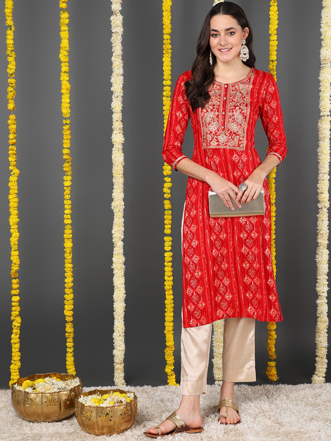 ZERESOUQ-Red-Viscose-Rayon-Ethnic-Motifs-Printed-Straight-Kurta