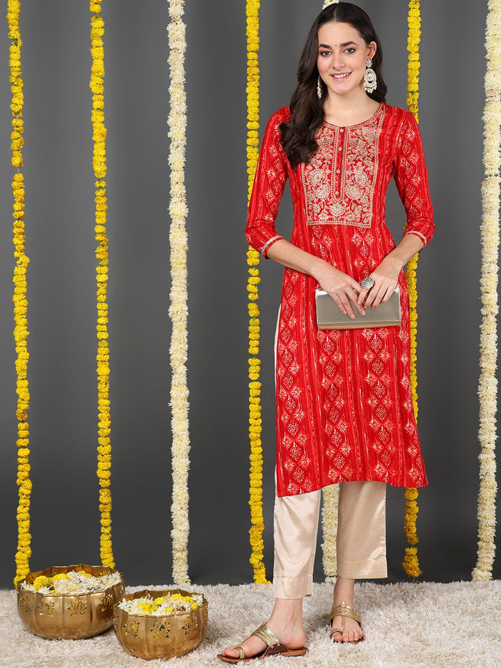 ZERESOUQ-Red-Viscose-Rayon-Ethnic-Motifs-Printed-Straight-Kurta