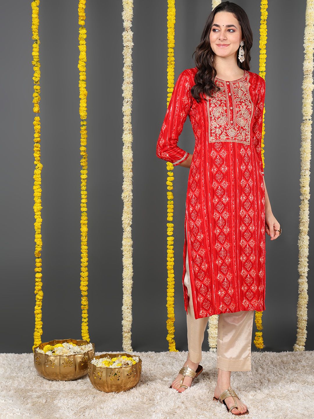 ZERESOUQ-Red-Viscose-Rayon-Ethnic-Motifs-Printed-Straight-Kurta