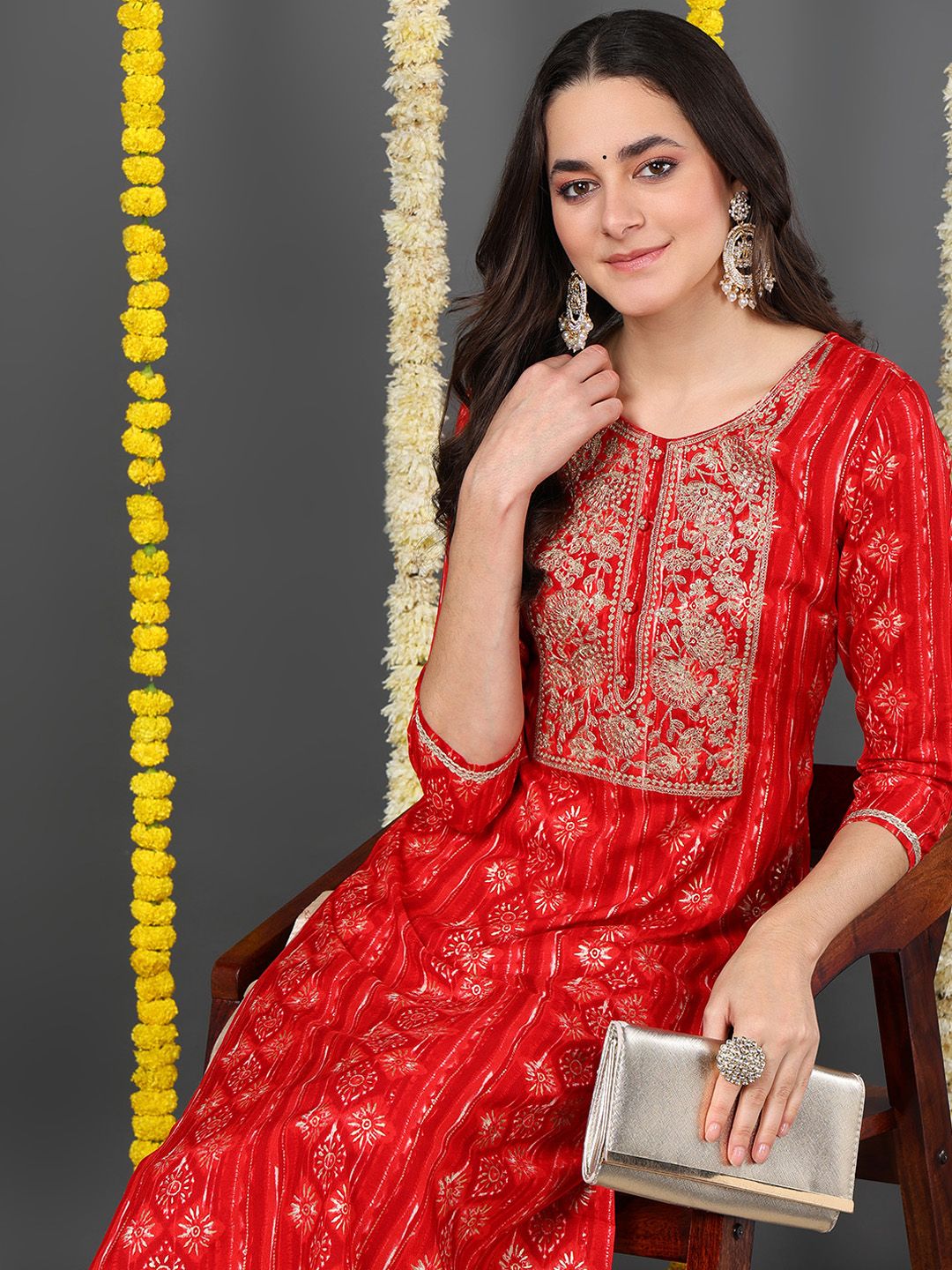 ZERESOUQ-Red-Viscose-Rayon-Ethnic-Motifs-Printed-Straight-Kurta