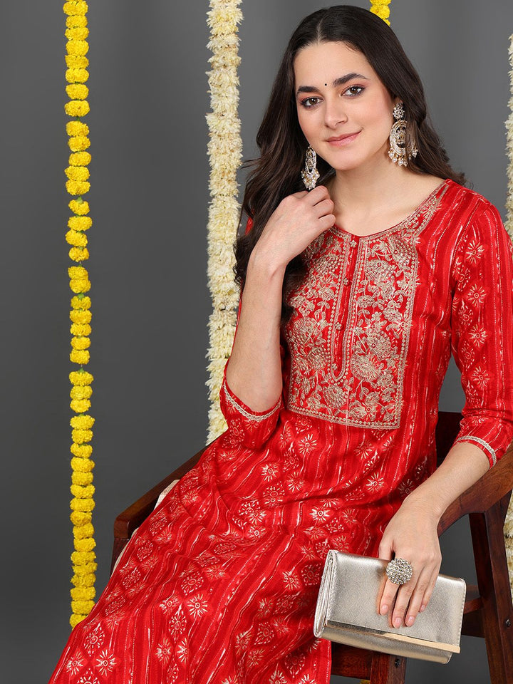 ZERESOUQ-Red-Viscose-Rayon-Ethnic-Motifs-Printed-Straight-Kurta