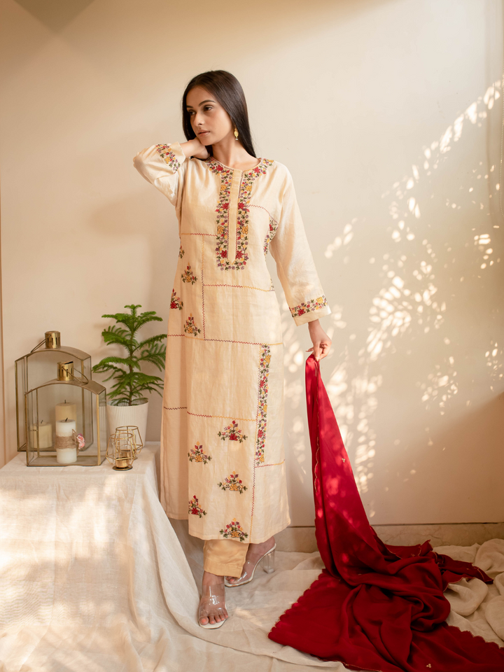 Red-&-Beige-Tissue-Kurta-Set-with-Thread-Embroidery