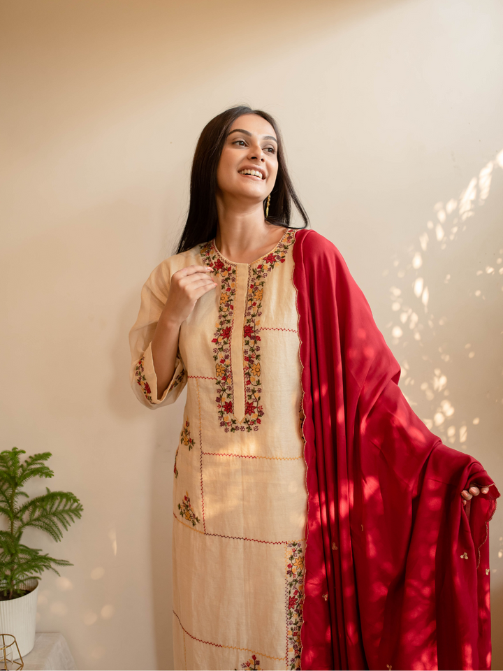 Red-&-Beige-Tissue-Kurta-Set-with-Thread-Embroidery