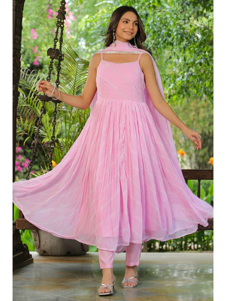 Rose Pink Handwork Leheriya Chiffon Suit Set