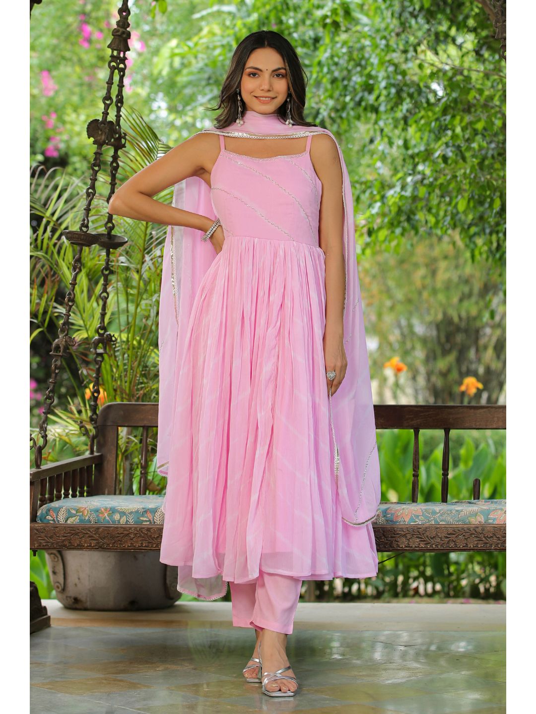 Rose Pink Handwork Leheriya Chiffon Suit Set