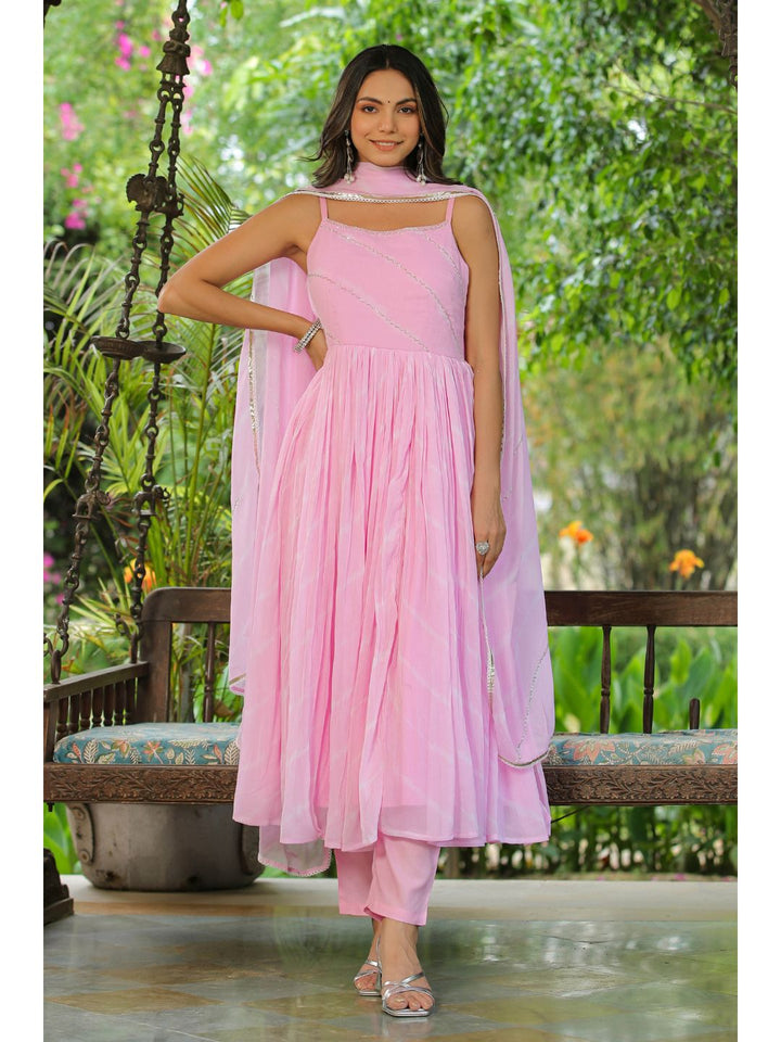 Rose Pink Handwork Leheriya Chiffon Suit Set
