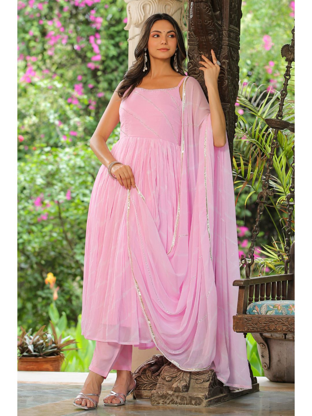 Rose Pink Handwork Leheriya Chiffon Suit Set