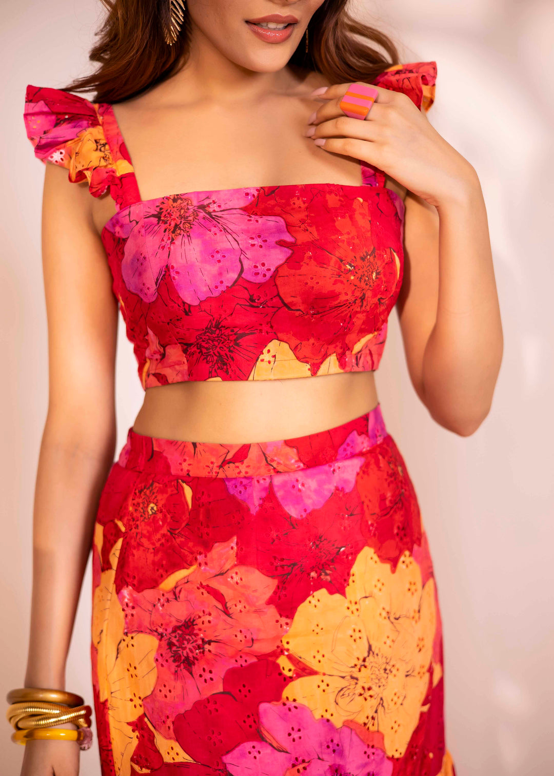 Roslyn Multicolored Cotton Schiffli Skirt Set