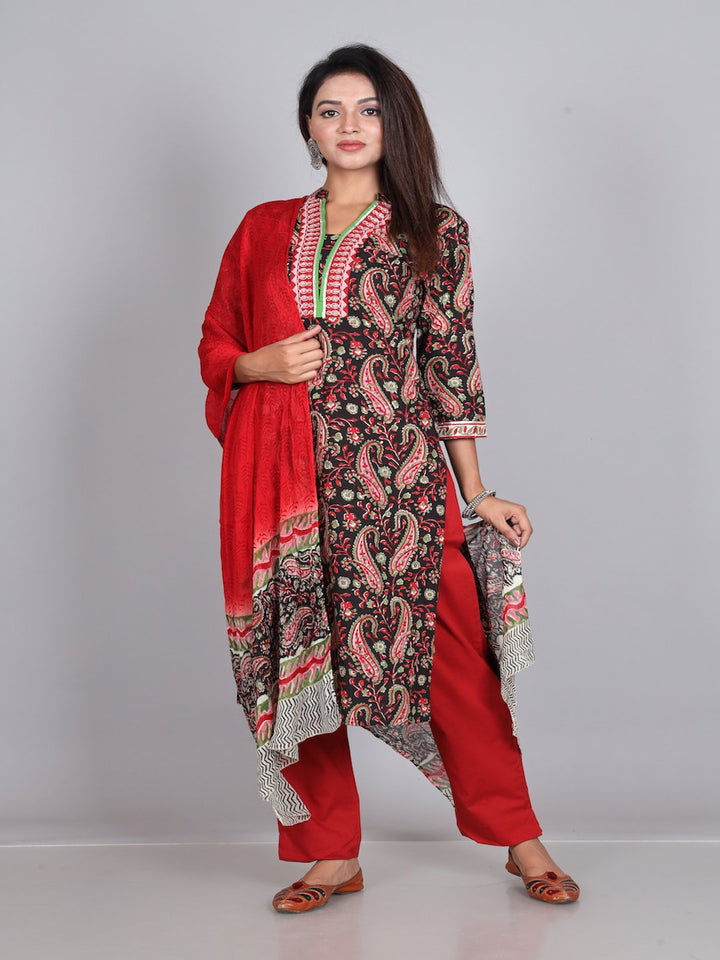 Rozana Black & Red Chiffon Dupatta Set