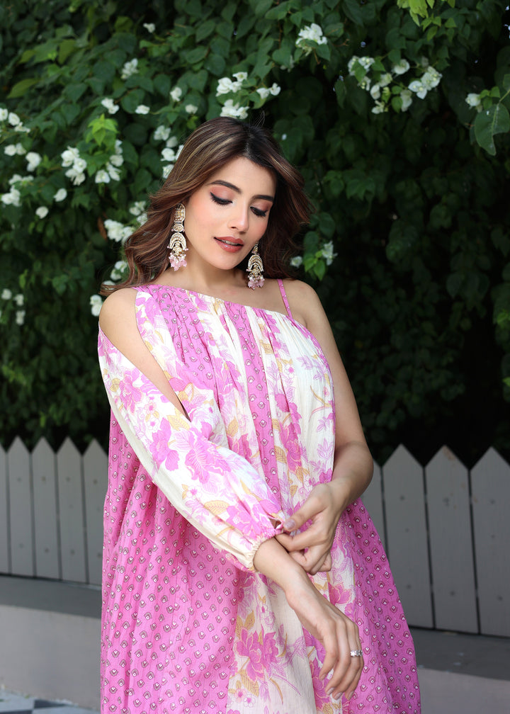 Samaira White and Pink Cotton One-Shoulder Co-Ord Set