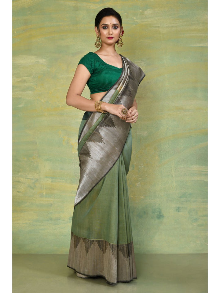 Sap Green & Grey Tussar Silk Banarasi Saree