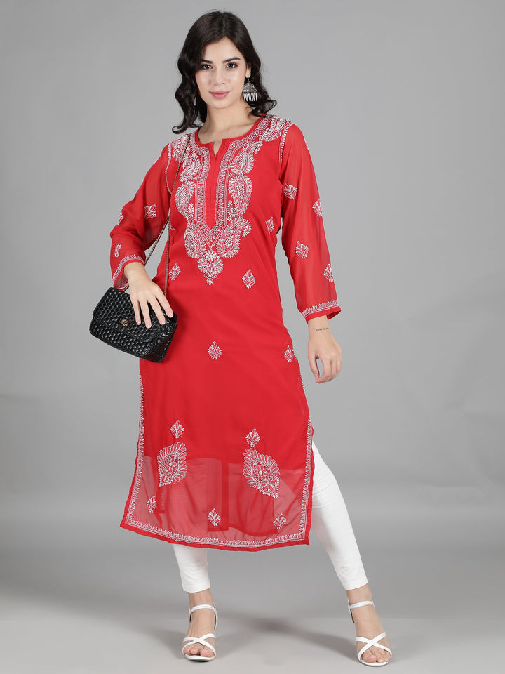 Scarlet-Red-Georgette-Chikan-Kurta-with-Slip