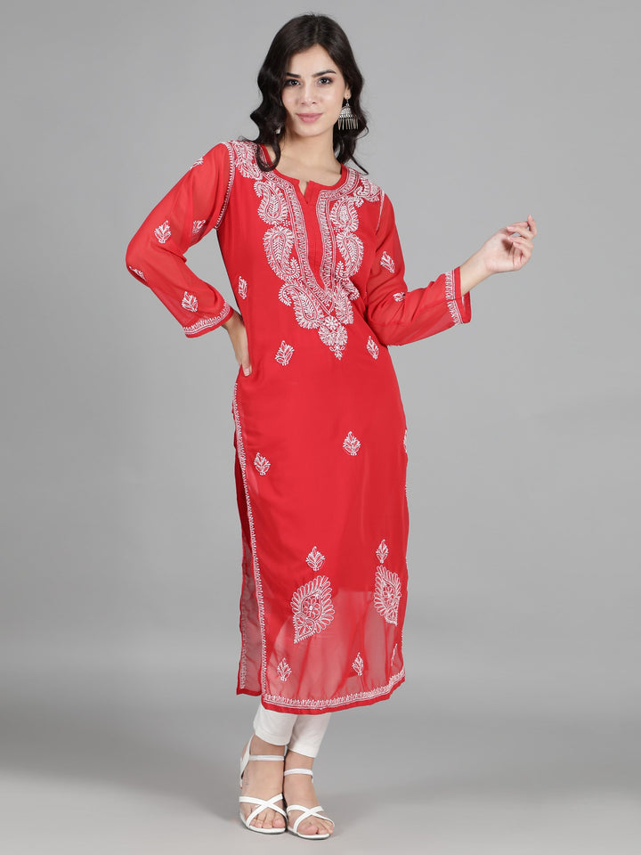 Scarlet-Red-Georgette-Chikan-Kurta-with-Slip