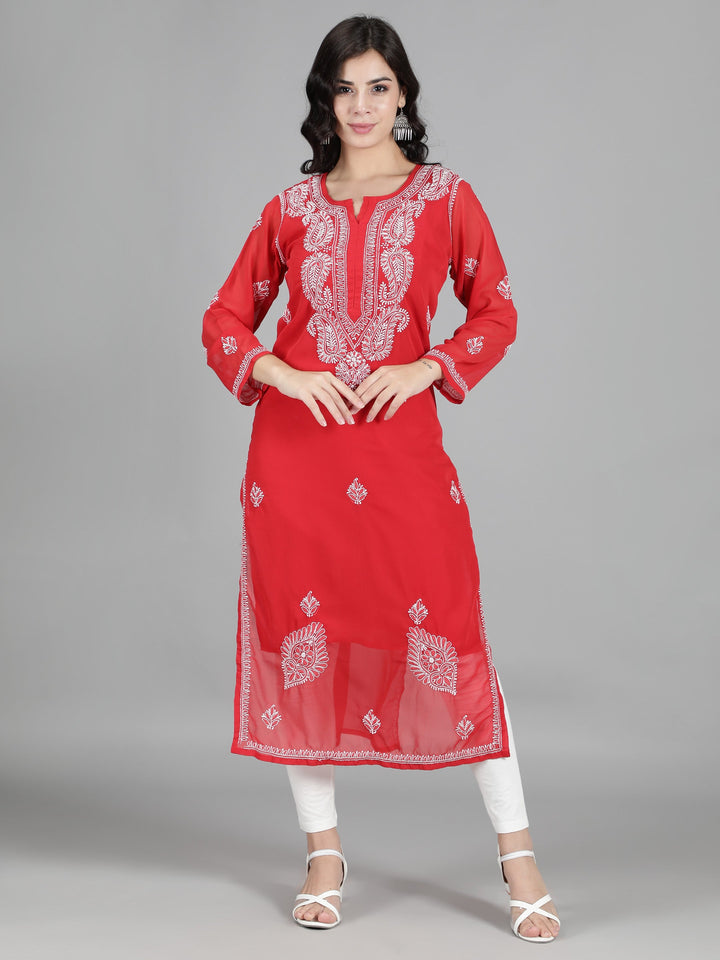 Scarlet-Red-Georgette-Chikan-Kurta-with-Slip