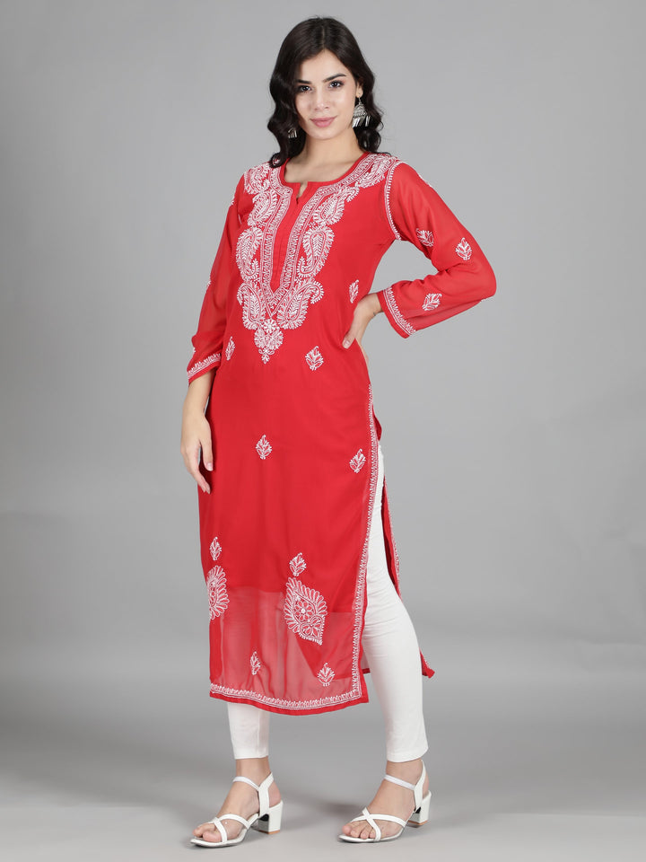 Scarlet-Red-Georgette-Chikan-Kurta-with-Slip